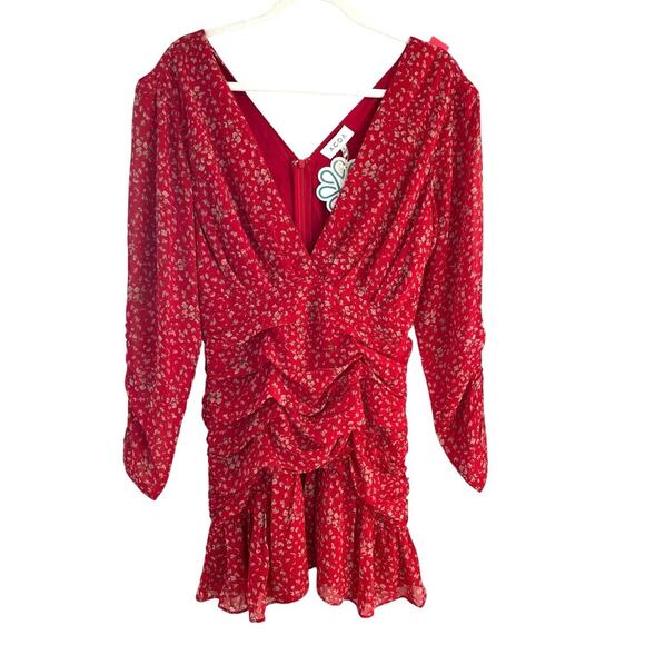 ACOA Here's Your Chance Mini Dress Red Micro Floral Small Ruched Tiered Y2K NEW - Picture 2 of 9